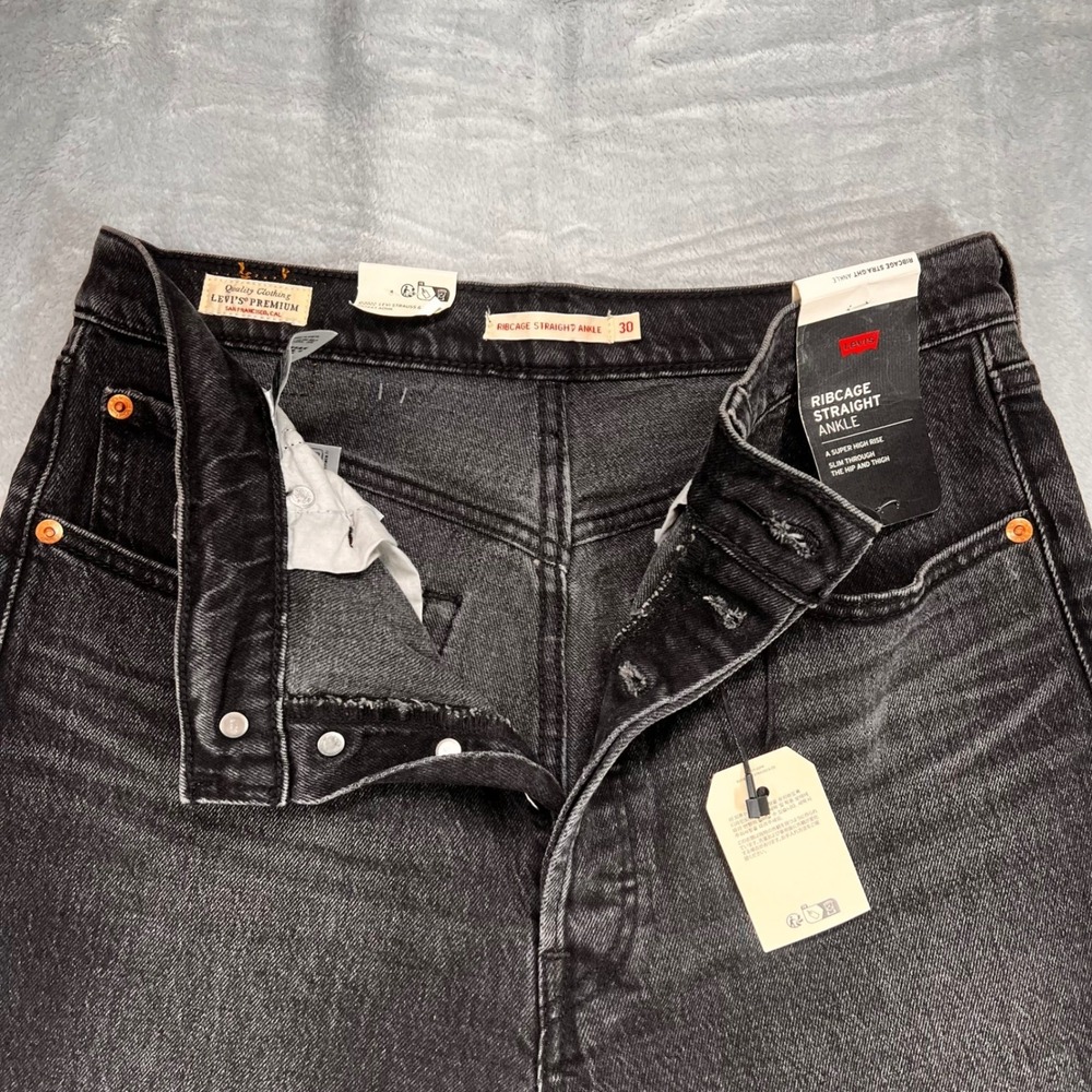 Levis Premium Ribcage Straight Ankle Jeans Womens 30 Super High Rise Black Denim - Picture 6 of 12